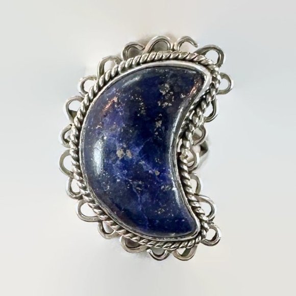 Lapis Ring, Moon, Sterling Silver, Crescent Moon, Artisan, Size 6 1/2, Statement - Picture 2 of 6